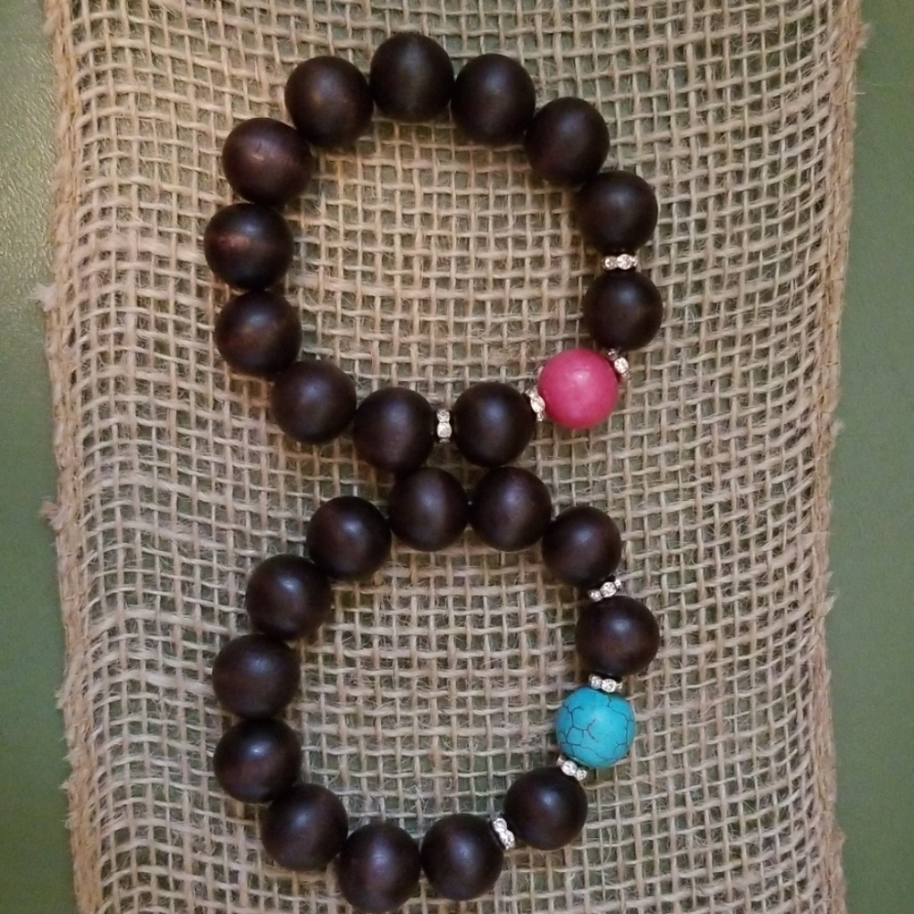 2 bead brackets brown with teal and coral accent
